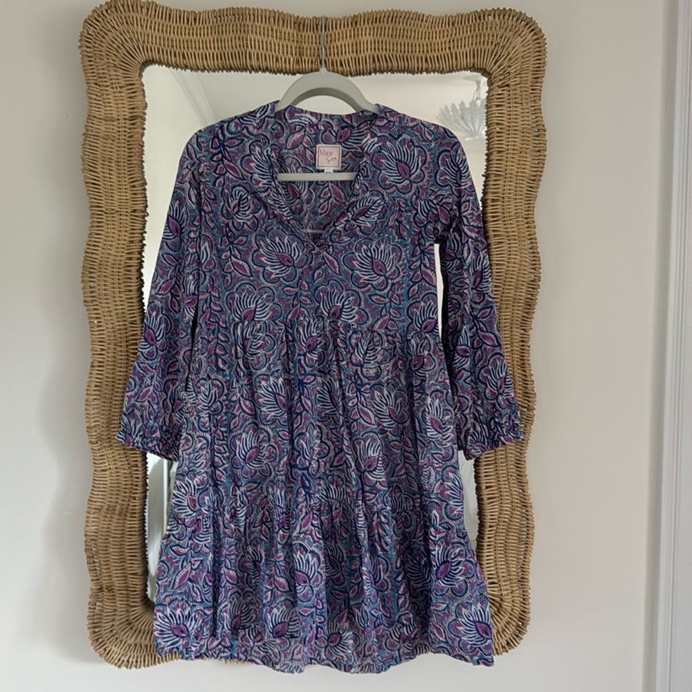 Mare Sea Flower Print Long Sleeve Tiered Mini Sun Dress Sz XS
